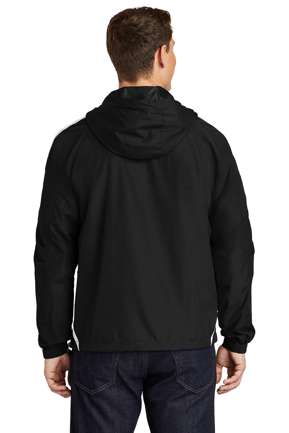 Sport-Tek JST63 Mens 1/4 Zip Hooded Jacket Black/White Model Back