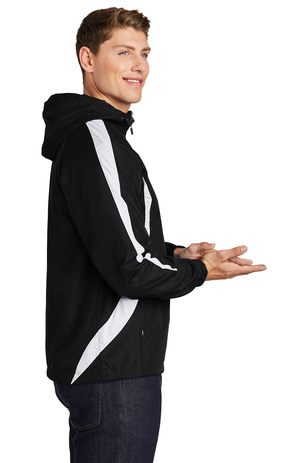 Sport-Tek JST63 Mens 1/4 Zip Hooded Jacket Black/White Model Side