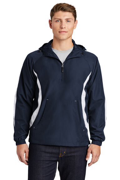 Sport-Tek JST63 Mens 1/4 Zip Hooded Jacket True Navy Blue/White Model Front