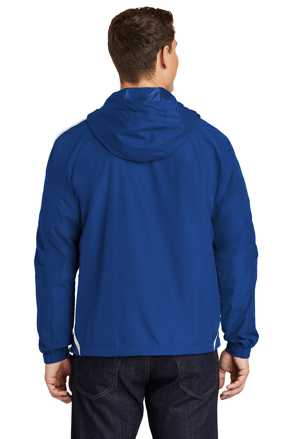 Sport-Tek JST63 Mens 1/4 Zip Hooded Jacket True Royal Blue/White Model Back