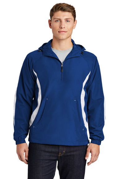 Sport-Tek JST63 Mens 1/4 Zip Hooded Jacket True Royal Blue/White Model Front