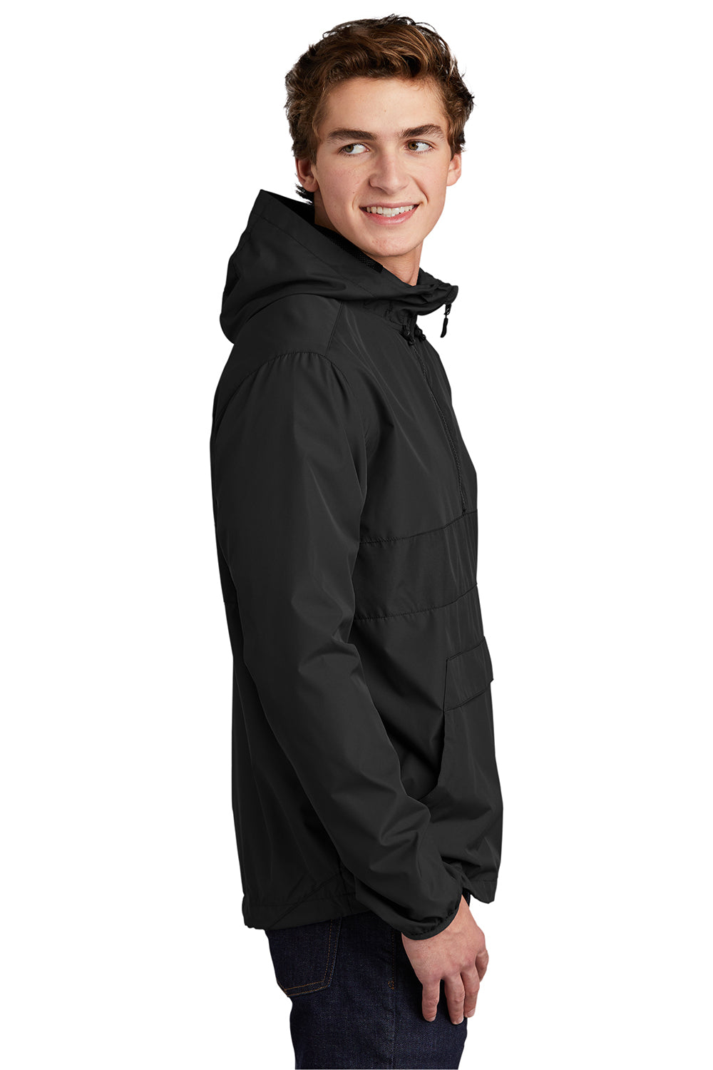 Sport-Tek JST65 Mens Hooded 1/4 Zip Jacket Black Model Side