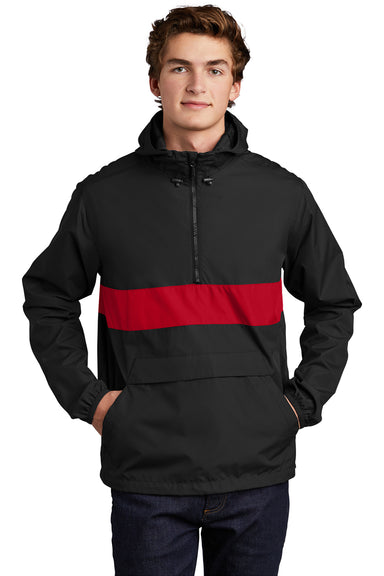 Sport-Tek JST65 Mens Hooded 1/4 Zip Jacket Black/True Red Model Front