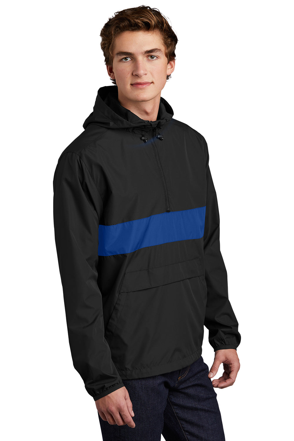 Sport-Tek JST65 Mens Hooded 1/4 Zip Jacket Black/True Royal Blue Model 3q