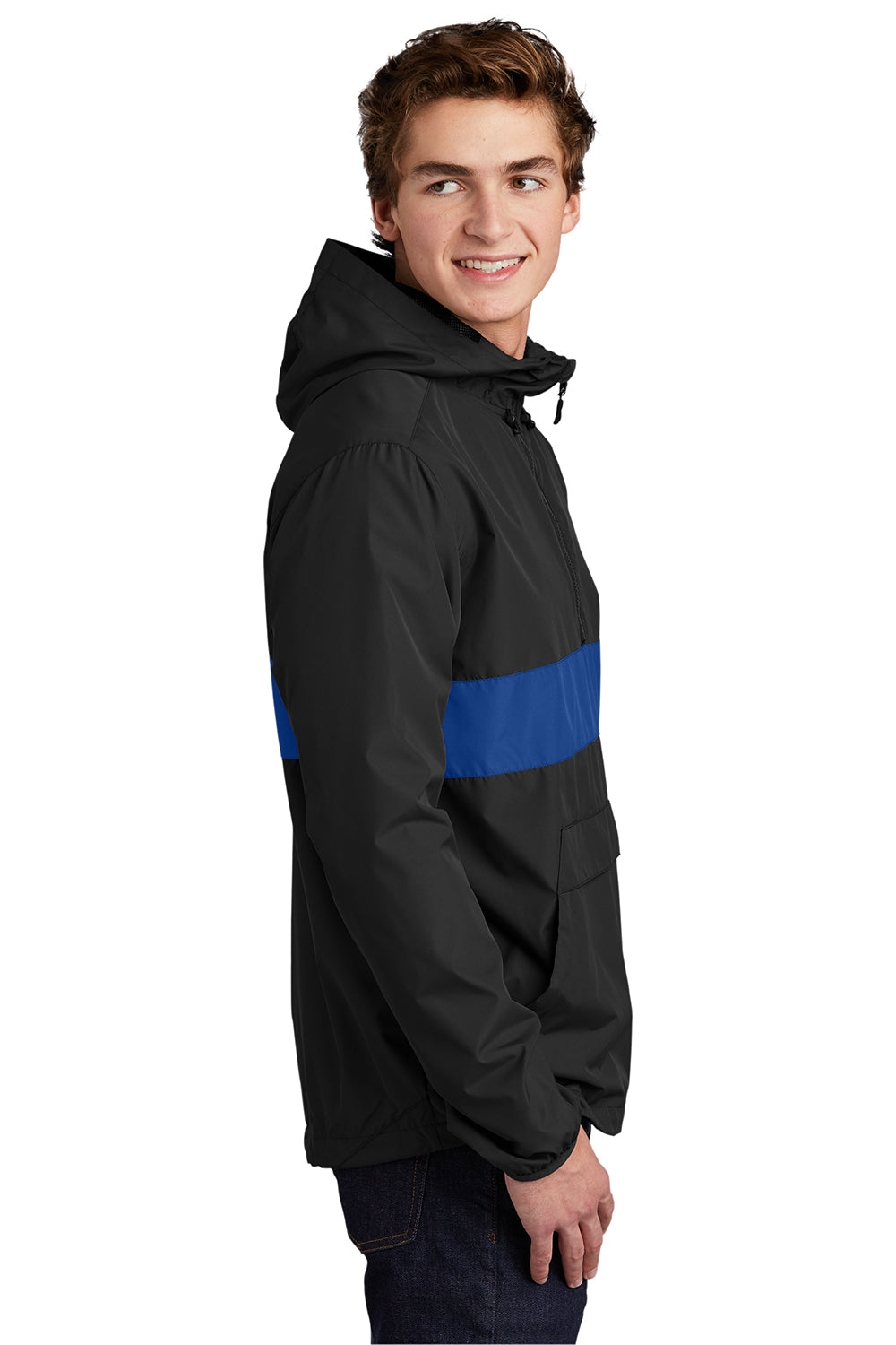 Sport-Tek JST65 Mens Hooded 1/4 Zip Jacket Black/True Royal Blue Model Side