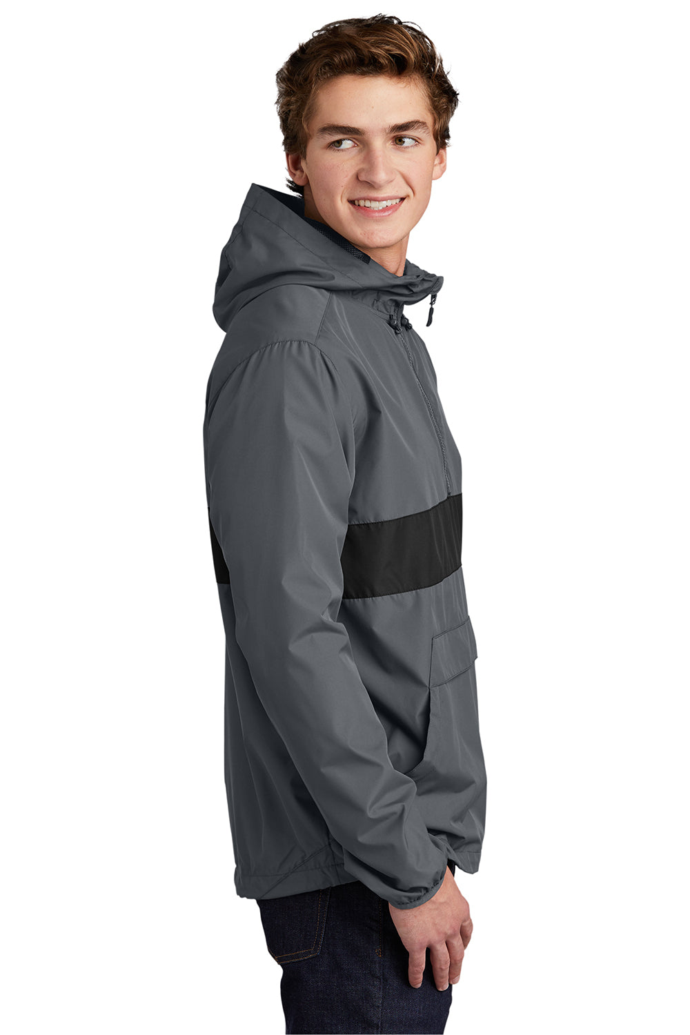 Sport-Tek JST65 Mens Hooded 1/4 Zip Jacket Graphite Grey/Black Model Side