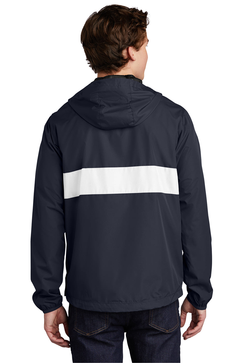 Sport-Tek JST65 Mens Hooded 1/4 Zip Jacket True Navy Blue/White Model Back