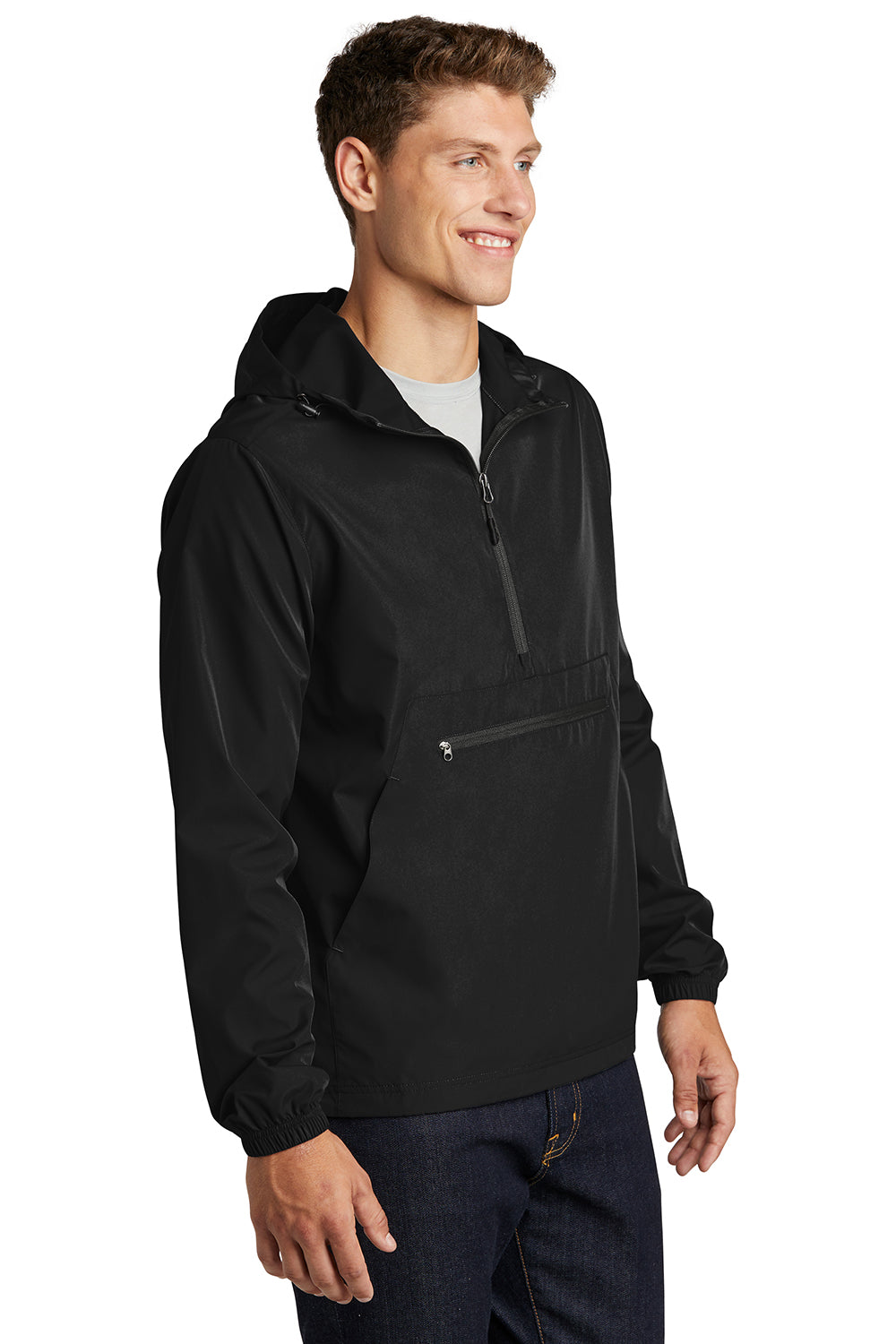 Sport-Tek JST66 Mens Packable Anorak 1/4 Zip Hooded Jacket Black Model 3q