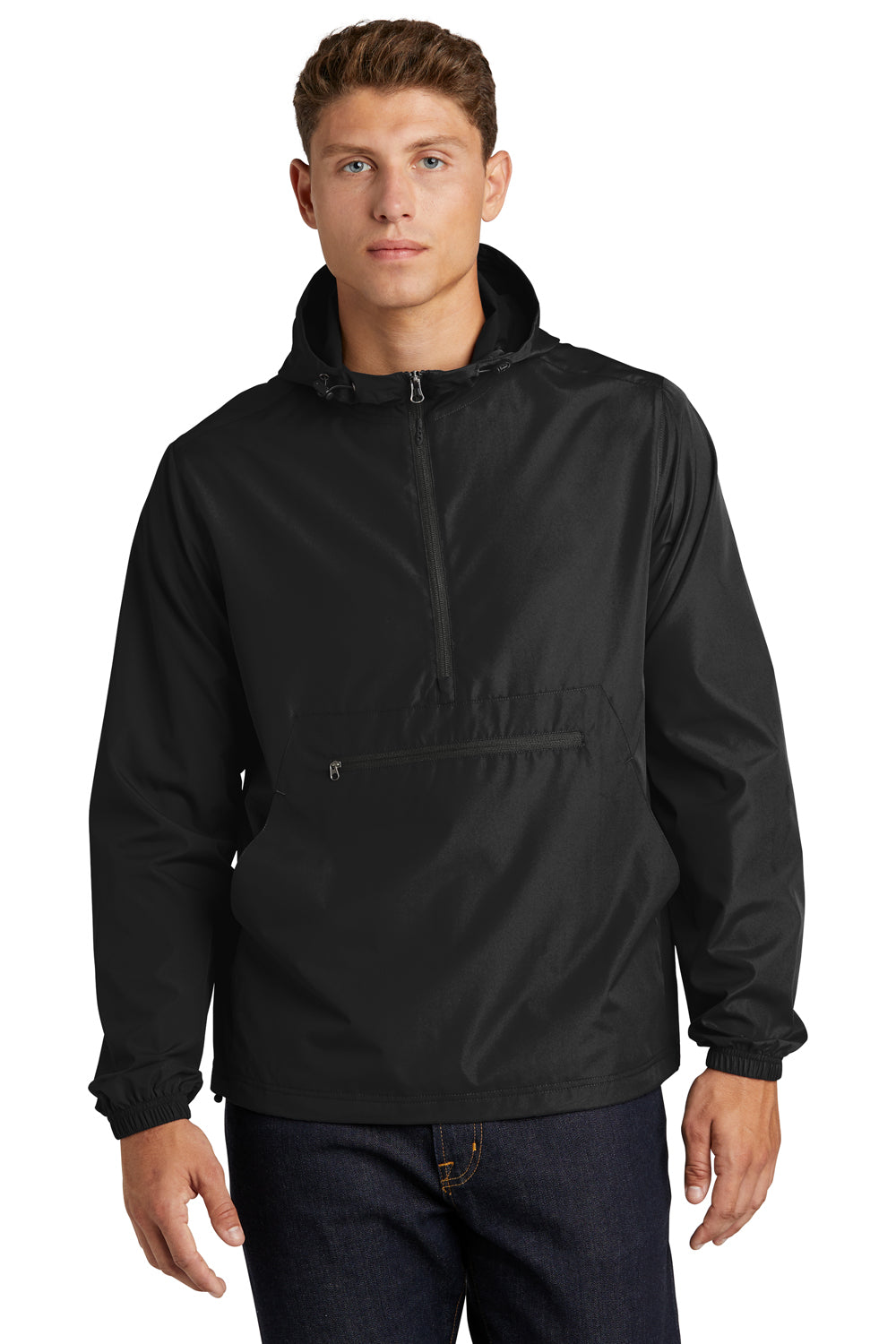 Sport-Tek JST66 Mens Packable Anorak 1/4 Zip Hooded Jacket Black Model Front