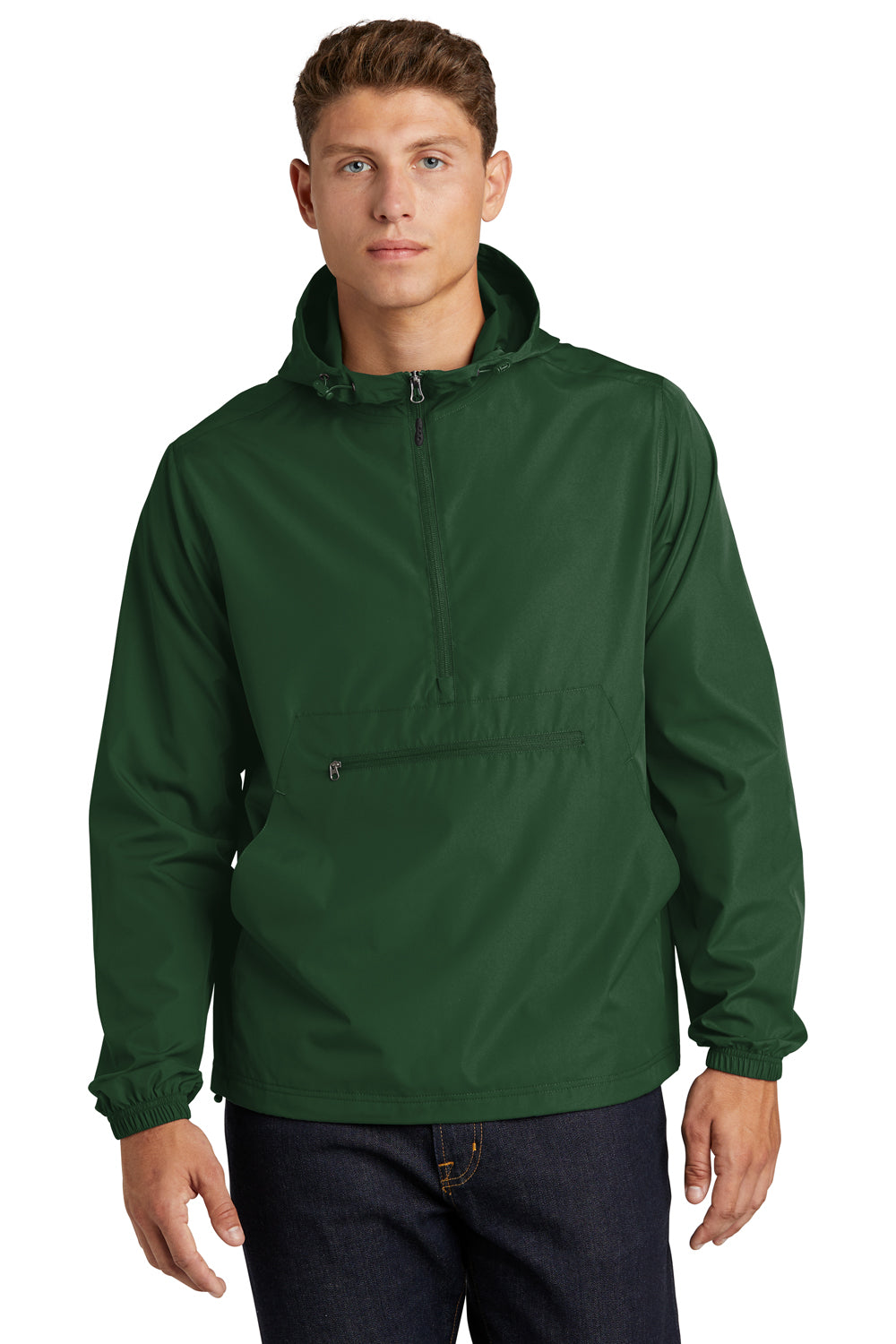 Sport-Tek JST66 Mens Packable Anorak 1/4 Zip Hooded Jacket Forest Green Model Front