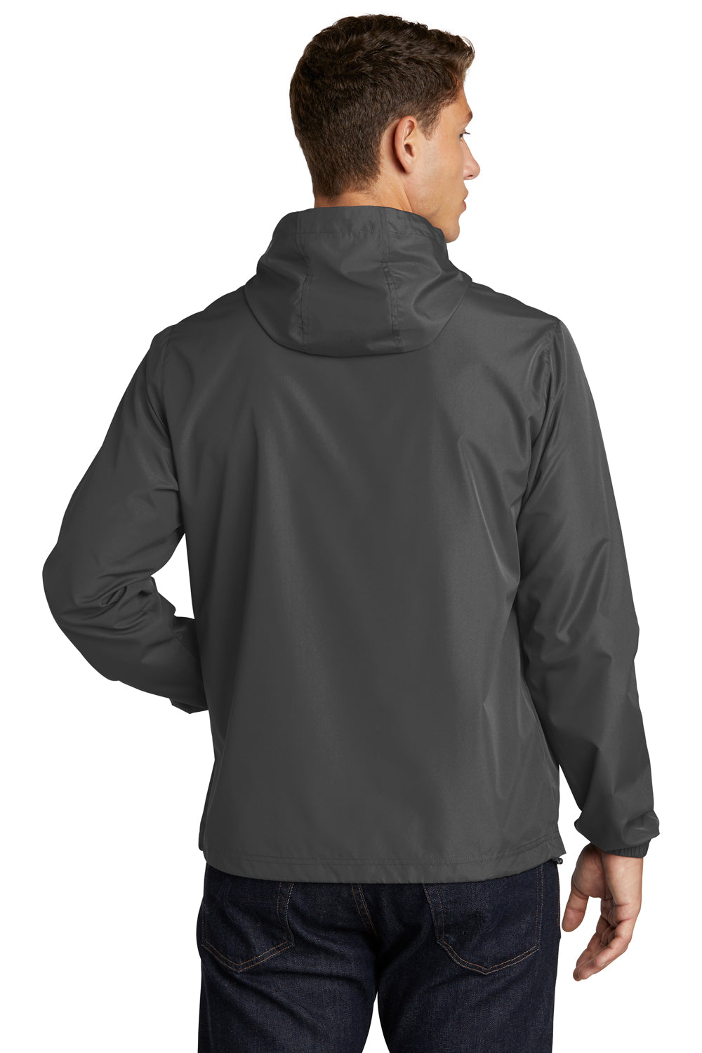 Sport-Tek JST66 Mens Packable Anorak 1/4 Zip Hooded Jacket Graphite Grey Model Back