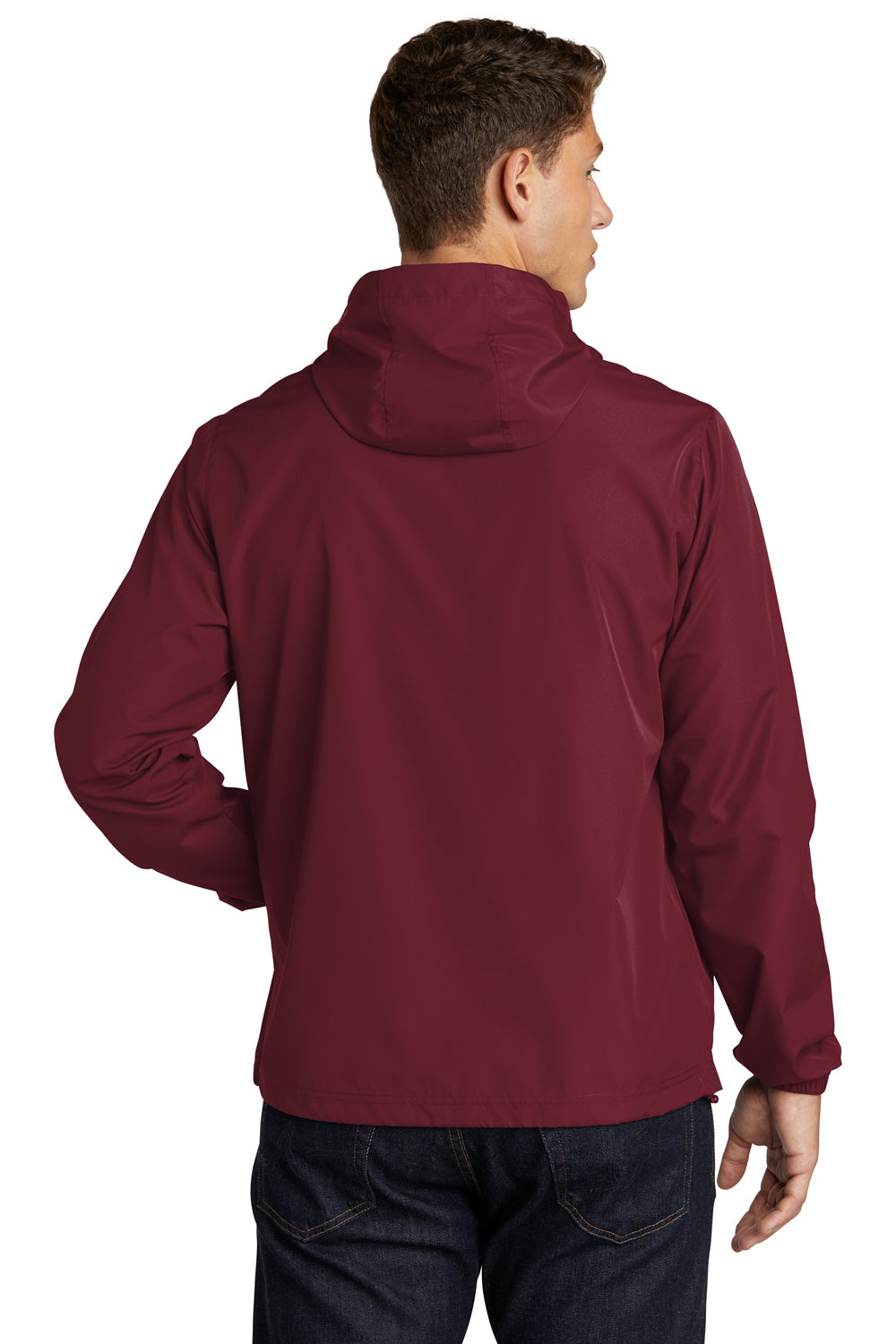 Sport-Tek JST66 Mens Packable Anorak 1/4 Zip Hooded Jacket Maroon Model Back