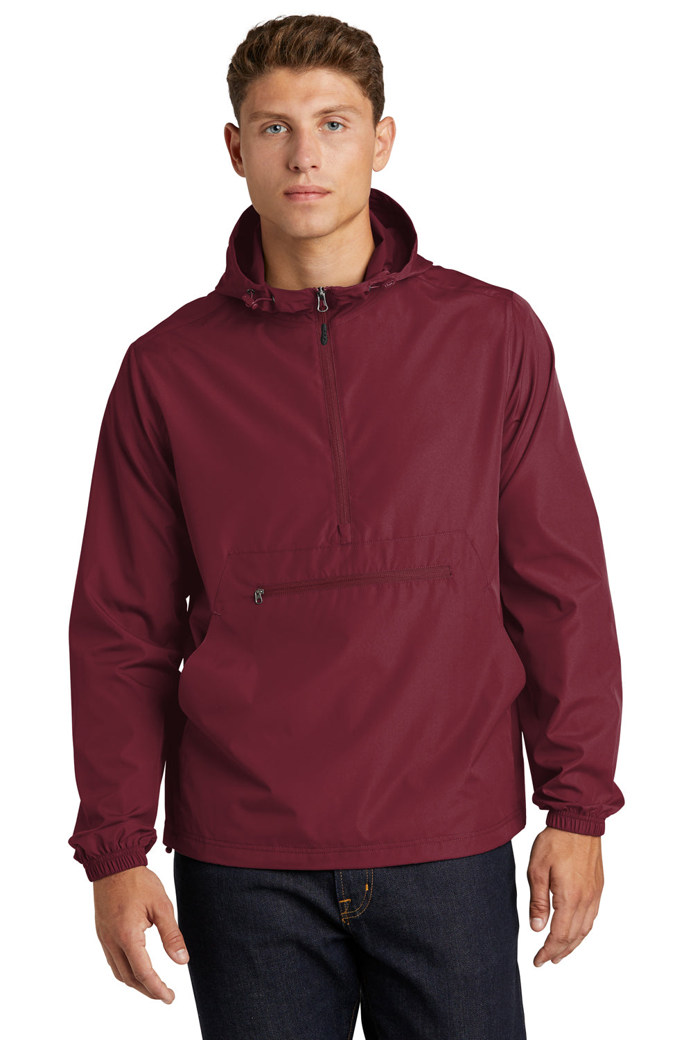 Sport-Tek JST66 Mens Packable Anorak 1/4 Zip Hooded Jacket Maroon Model Front