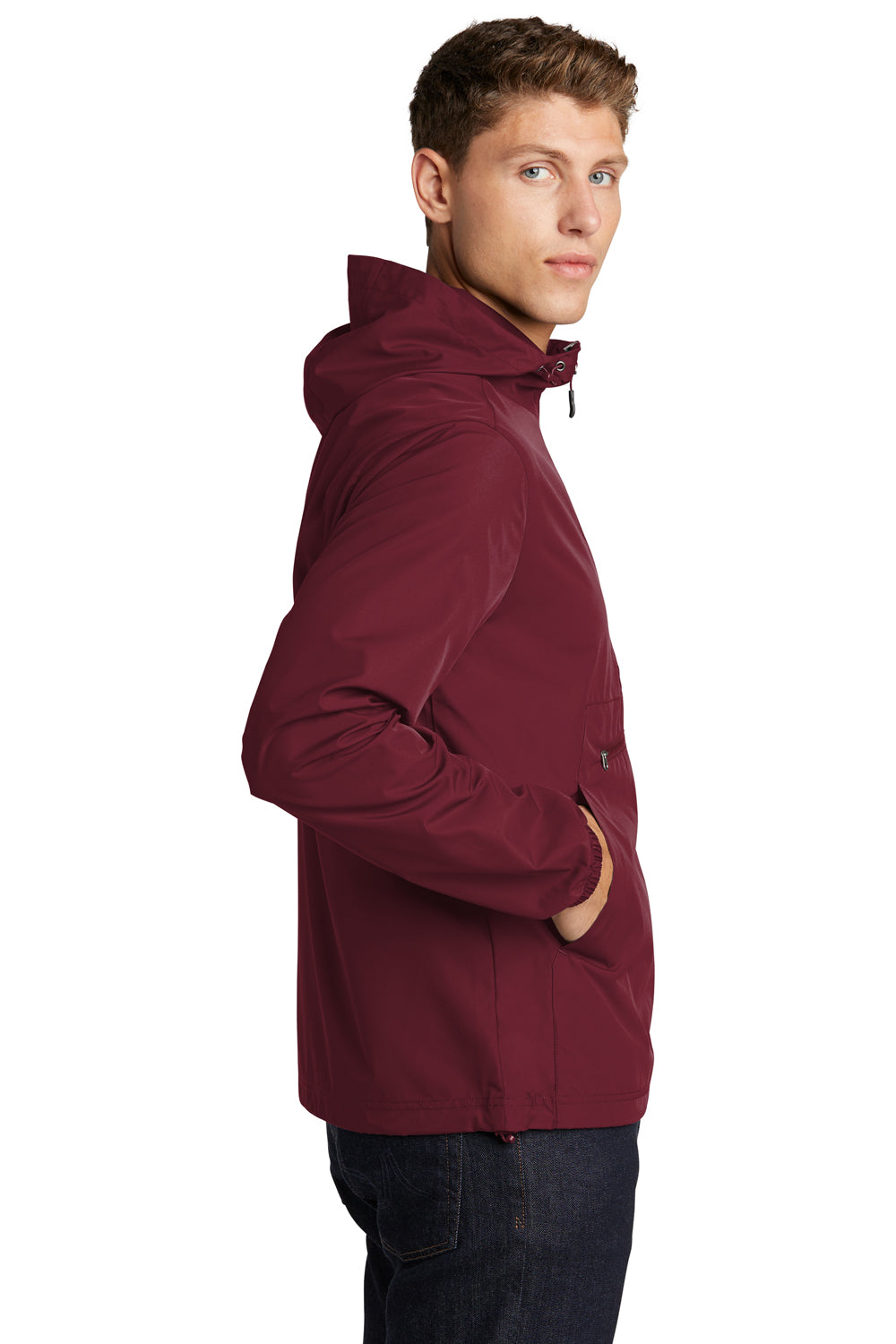 Sport-Tek JST66 Mens Packable Anorak 1/4 Zip Hooded Jacket Maroon Model Side