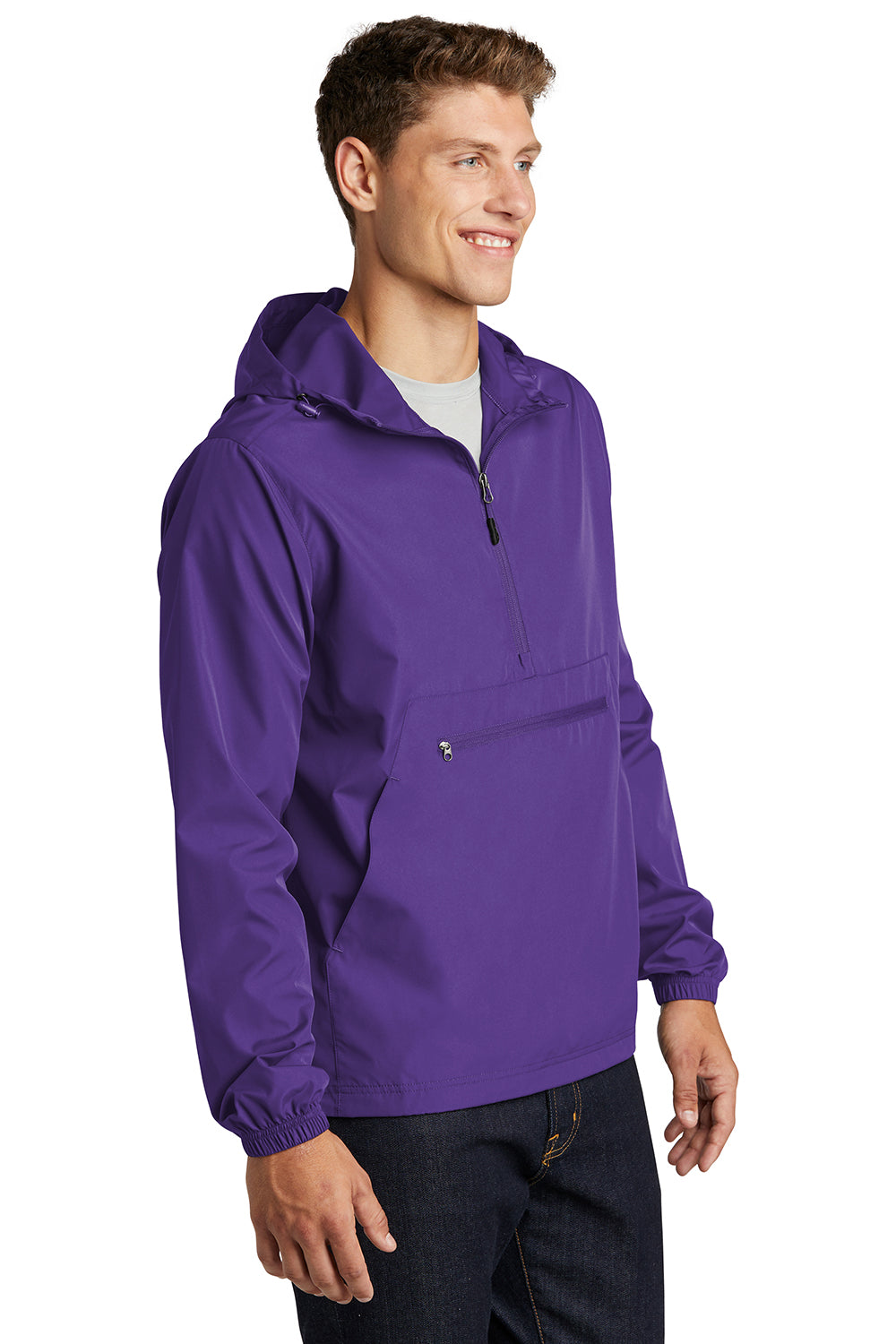 Sport-Tek JST66 Mens Packable Anorak 1/4 Zip Hooded Jacket Purple Model 3q