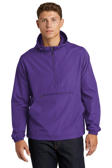 Sport-Tek JST66 Mens Packable Anorak 1/4 Zip Hooded Jacket Purple Model Front