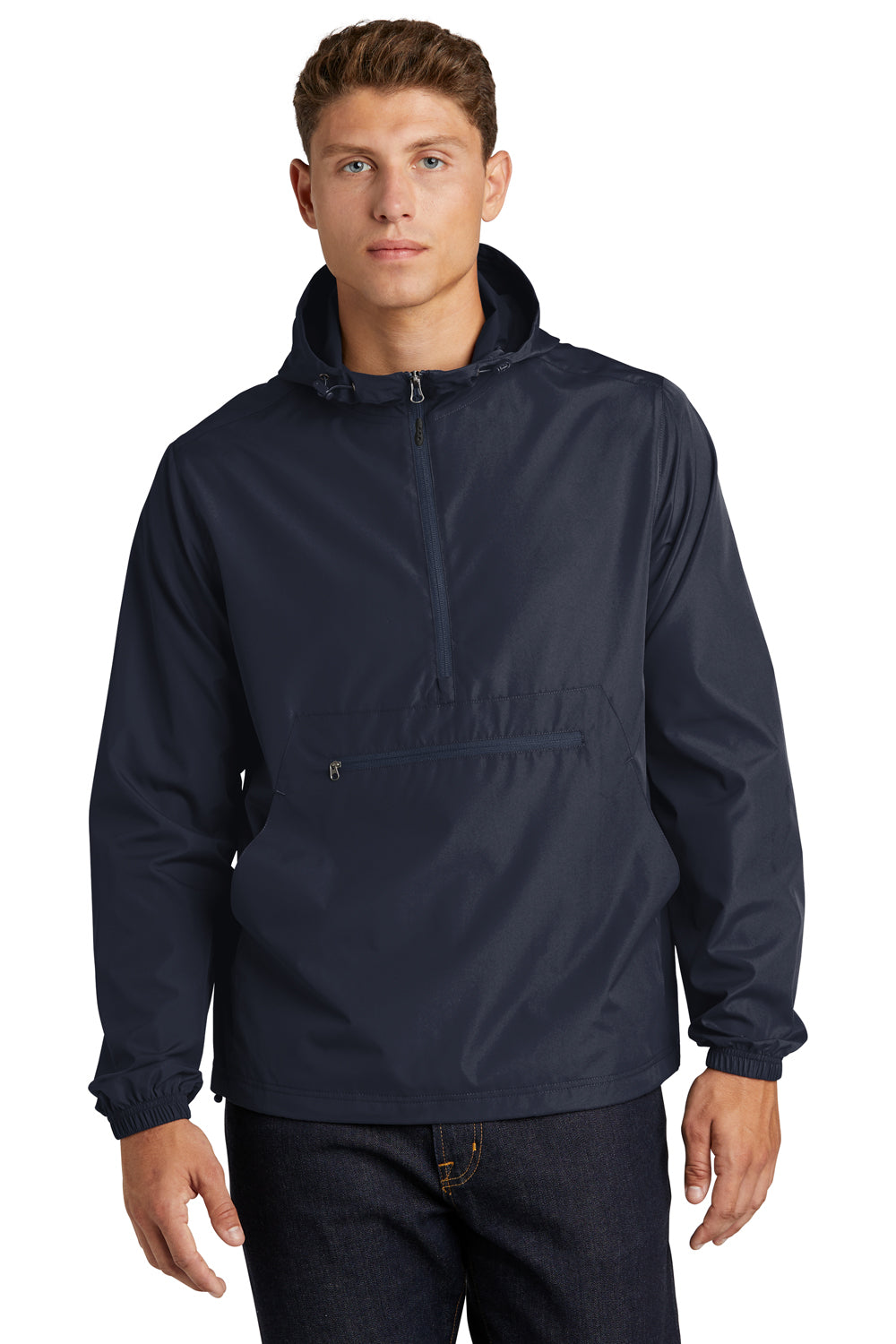 Sport-Tek JST66 Mens Packable Anorak 1/4 Zip Hooded Jacket True Navy Blue Model Front