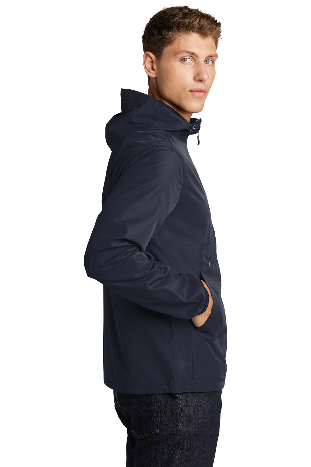 Sport-Tek JST66 Mens Packable Anorak 1/4 Zip Hooded Jacket True Navy Blue Model Side