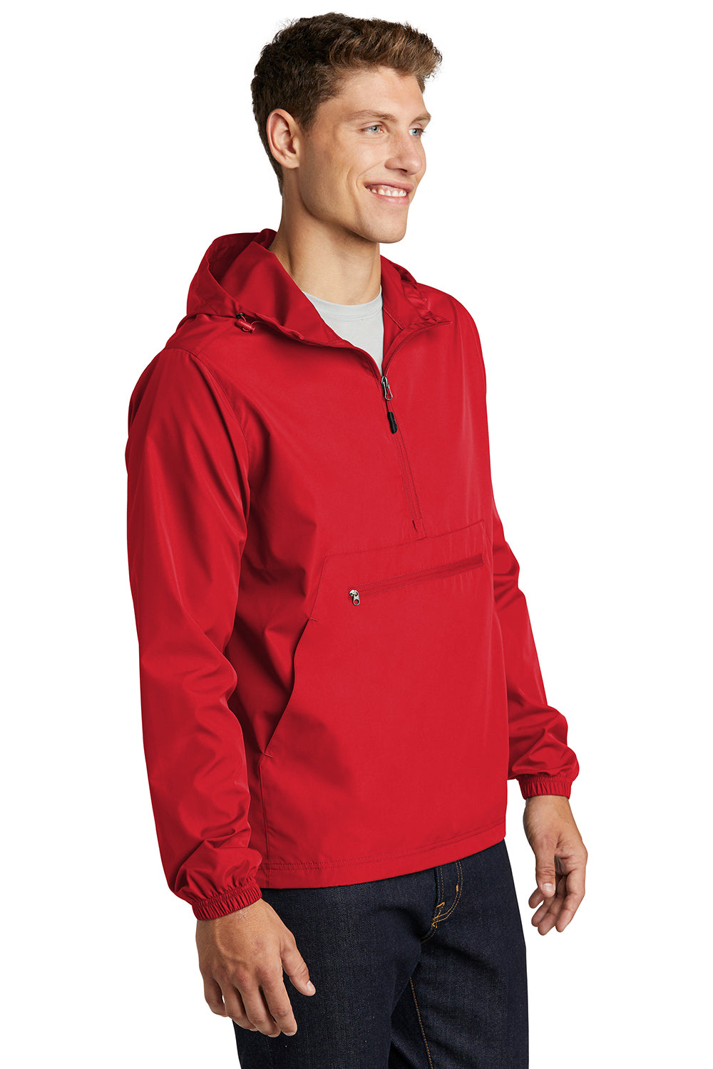 Sport-Tek JST66 Mens Packable Anorak 1/4 Zip Hooded Jacket True Red Model 3q