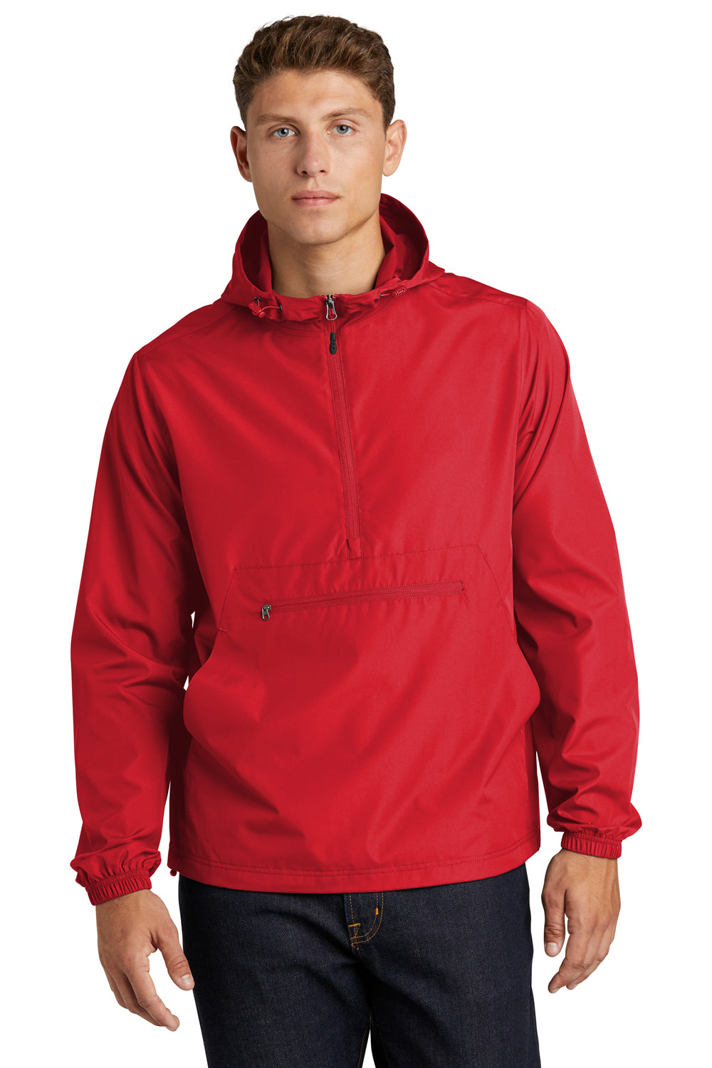 Sport-Tek JST66 Mens Packable Anorak 1/4 Zip Hooded Jacket True Red Model Front