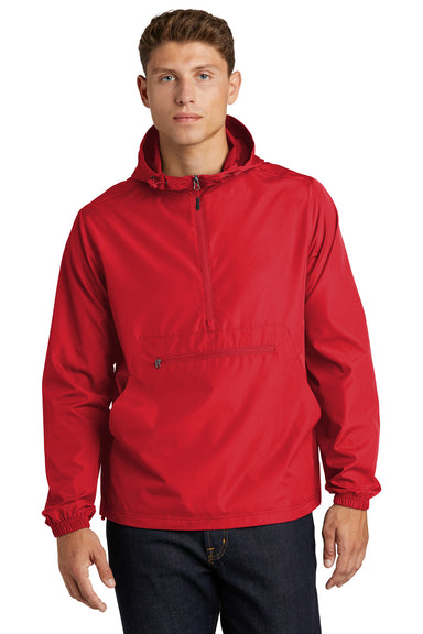 Sport-Tek JST66 Mens Packable Anorak 1/4 Zip Hooded Jacket True Red Model Front