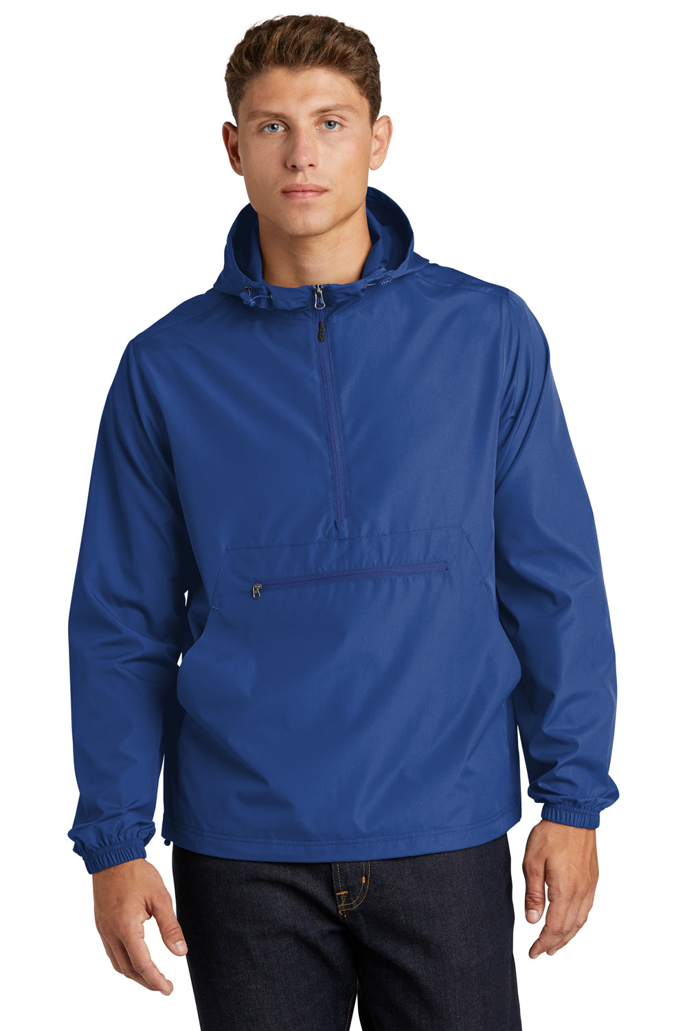 Sport-Tek JST66 Mens Packable Anorak 1/4 Zip Hooded Jacket True Royal Blue Model Front