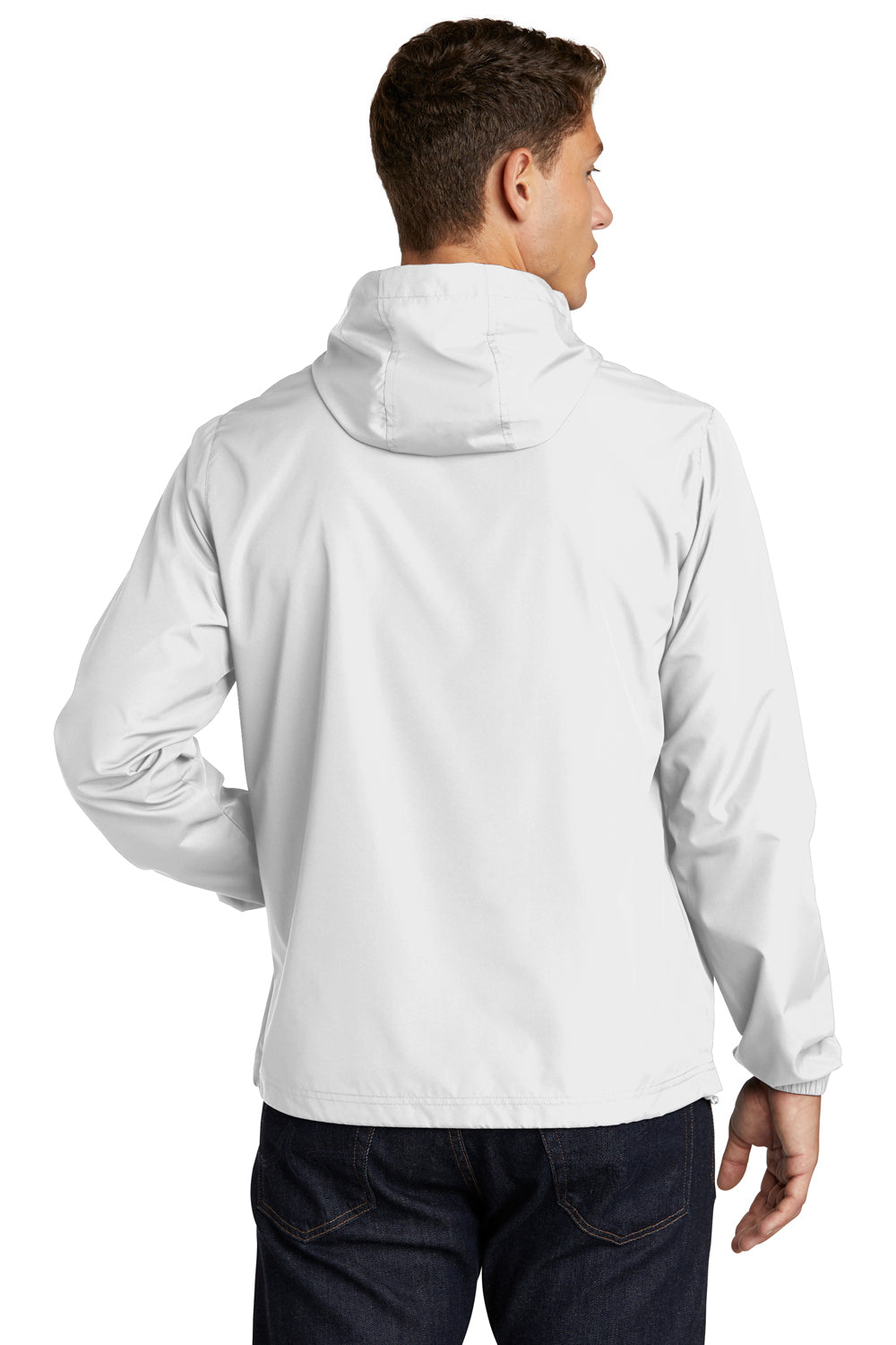 Sport-Tek JST66 Mens Packable Anorak 1/4 Zip Hooded Jacket White Model Back