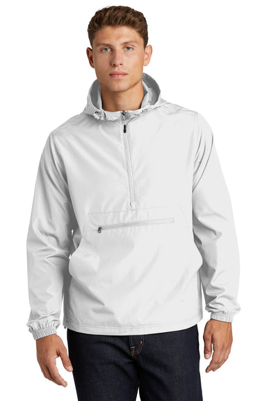 Sport-Tek JST66 Mens Packable Anorak 1/4 Zip Hooded Jacket White Model Front