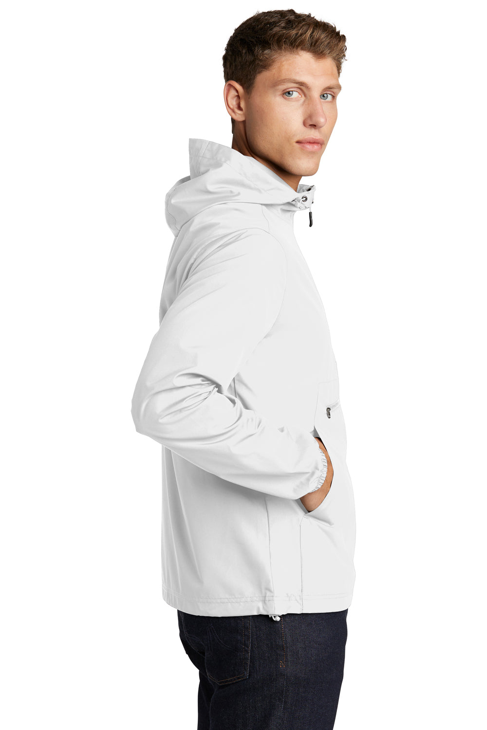 Sport-Tek JST66 Mens Packable Anorak 1/4 Zip Hooded Jacket White Model Side