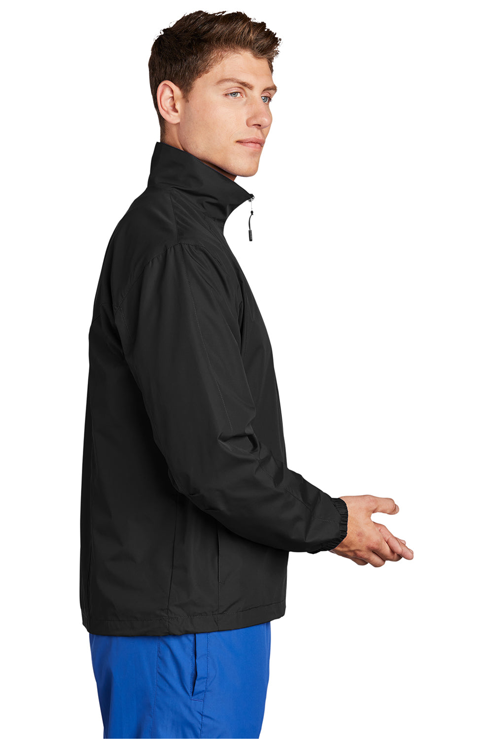 Sport-Tek JST70 Mens Water Resistant Full Zip Wind Jacket Black Model Side