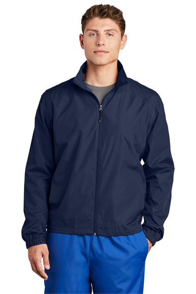 Sport-Tek JST70 Mens Water Resistant Full Zip Wind Jacket True Navy Blue Model Front