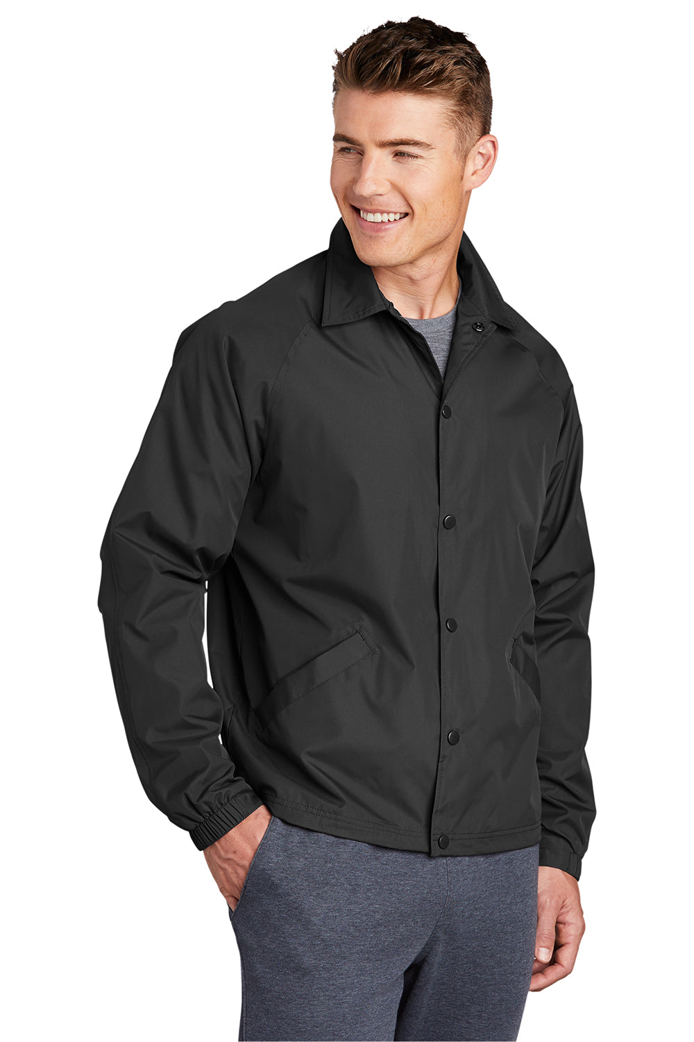 Sport-Tek JST71 Mens Water Resistant Snap Down Sideline Jacket Black Model 3q