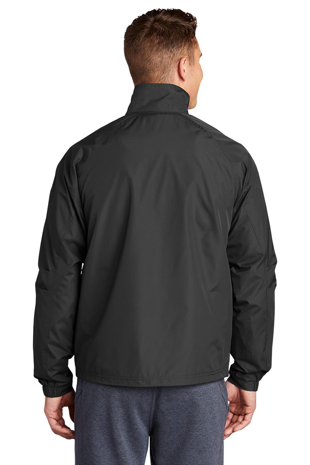 Sport-Tek JST71 Mens Water Resistant Snap Down Sideline Jacket Black Model Back