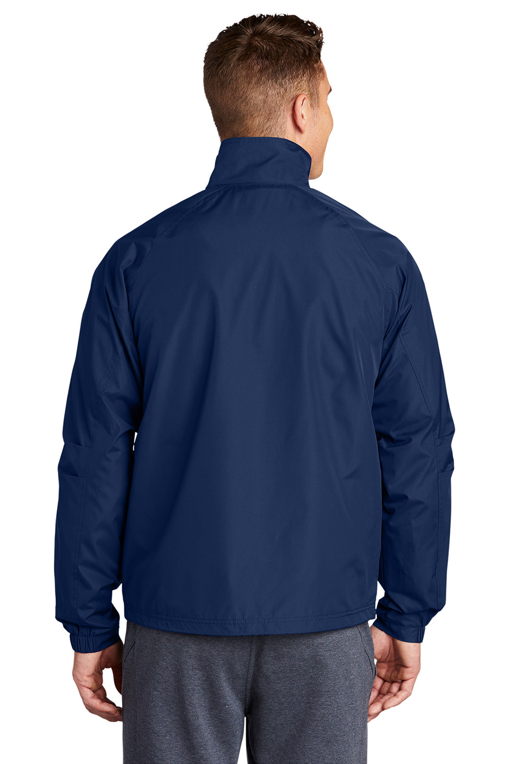 Sport-Tek JST71 Mens Water Resistant Snap Down Sideline Jacket True Navy Blue Model Back