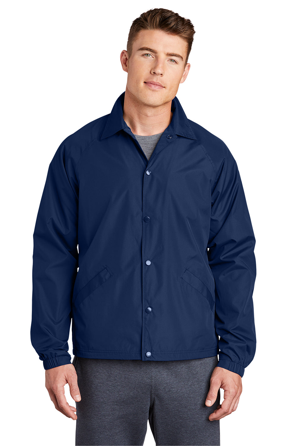 Sport-Tek JST71 Mens Water Resistant Snap Down Sideline Jacket True Navy Blue Model Front