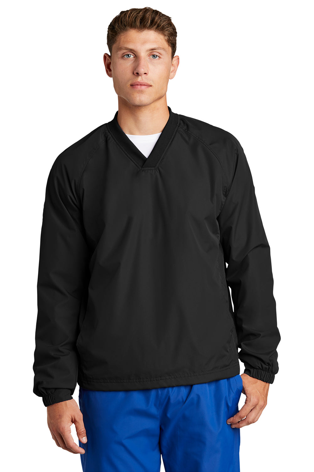 Sport-Tek JST72 Mens V-Neck Wind Jacket Black Model Front