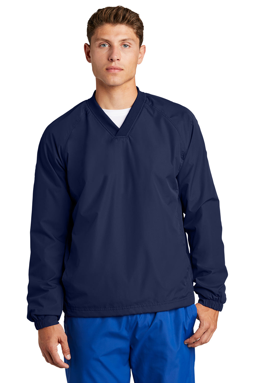 Sport-Tek JST72 Mens V-Neck Wind Jacket True Navy Blue Model Front