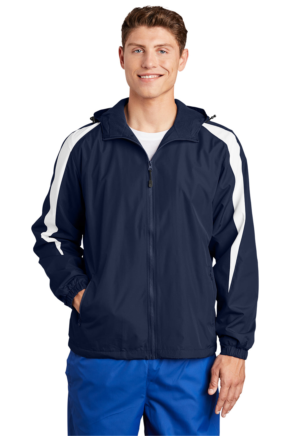 Sport-Tek JST81 Mens Full Zip Hooded Jacket True Navy Blue/White Model Front