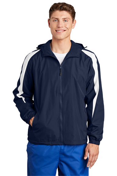 Sport-Tek JST81 Mens Full Zip Hooded Jacket True Navy Blue/White Model Front