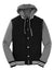 Sport-Tek JST82 Mens Snap Down Hooded Letterman Jacket Black/Heather Vintage Grey/White Flat Front