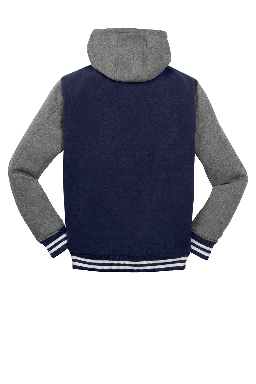 Sport-Tek JST82 Mens Snap Down Hooded Letterman Jacket True Navy Blue/Heather Vintage Grey/White Flat Back