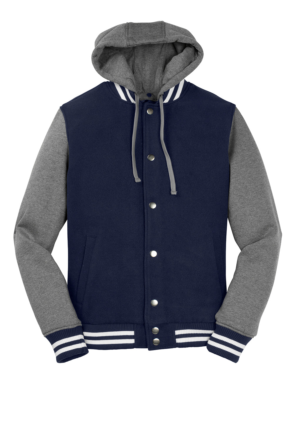 Sport-Tek JST82 Mens Snap Down Hooded Letterman Jacket True Navy Blue/Heather Vintage Grey/White Flat Front