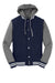 Sport-Tek JST82 Mens Snap Down Hooded Letterman Jacket True Navy Blue/Heather Vintage Grey/White Flat Front