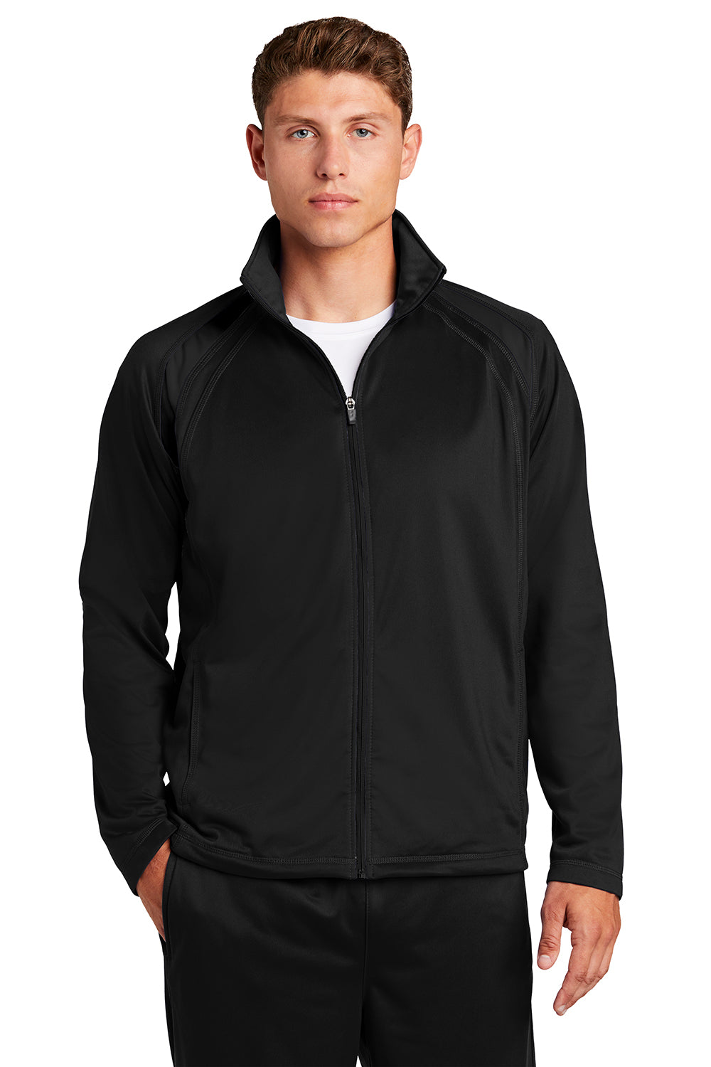 Sport-Tek JST90 Mens Full Zip Track Jacket Black Model Front