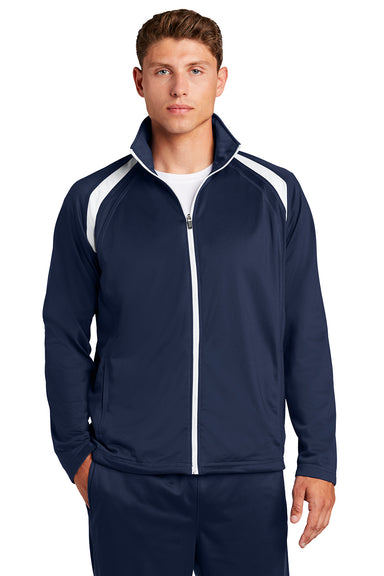 Sport-Tek JST90 Mens Full Zip Track Jacket True Navy Blue/White Model Front