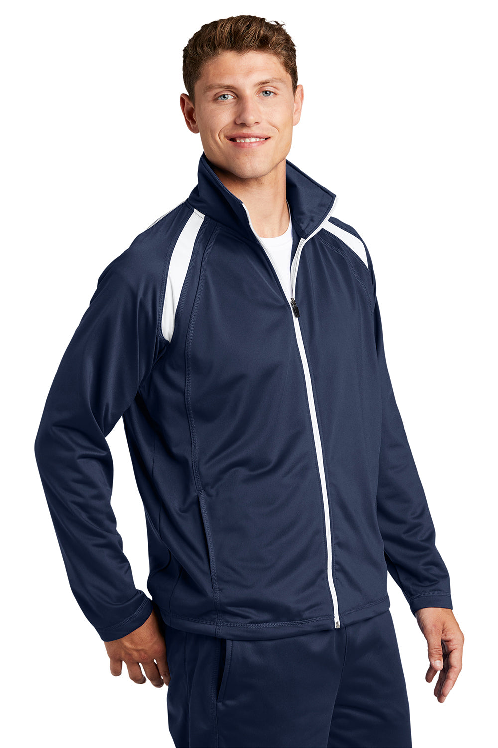 Sport-Tek JST90 Mens Full Zip Track Jacket True Navy Blue/White Model 3q