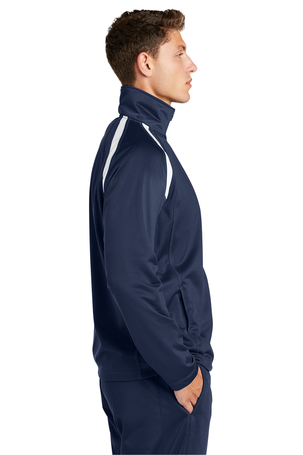 Sport-Tek JST90 Mens Full Zip Track Jacket True Navy Blue/White Model Side