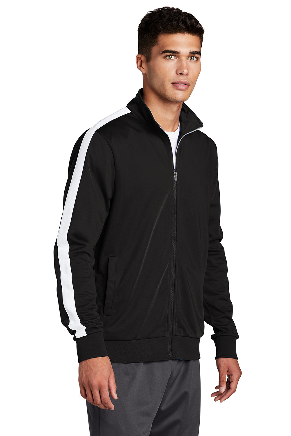 Sport-Tek JST94 Mens Full Zip Track Jacket Black/White Model 3q