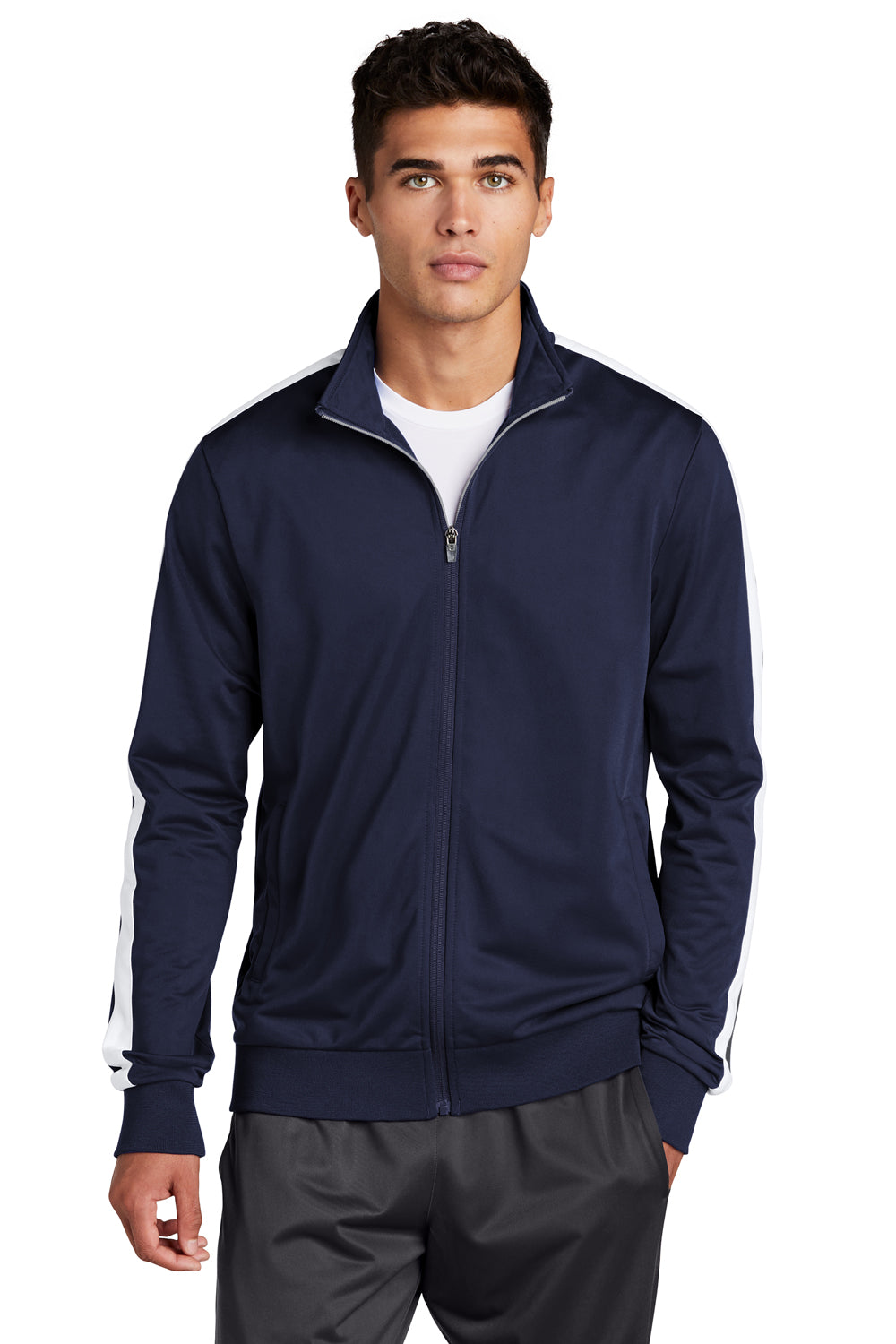 Sport-Tek JST94 Mens Full Zip Track Jacket True Navy Blue/White Model Front