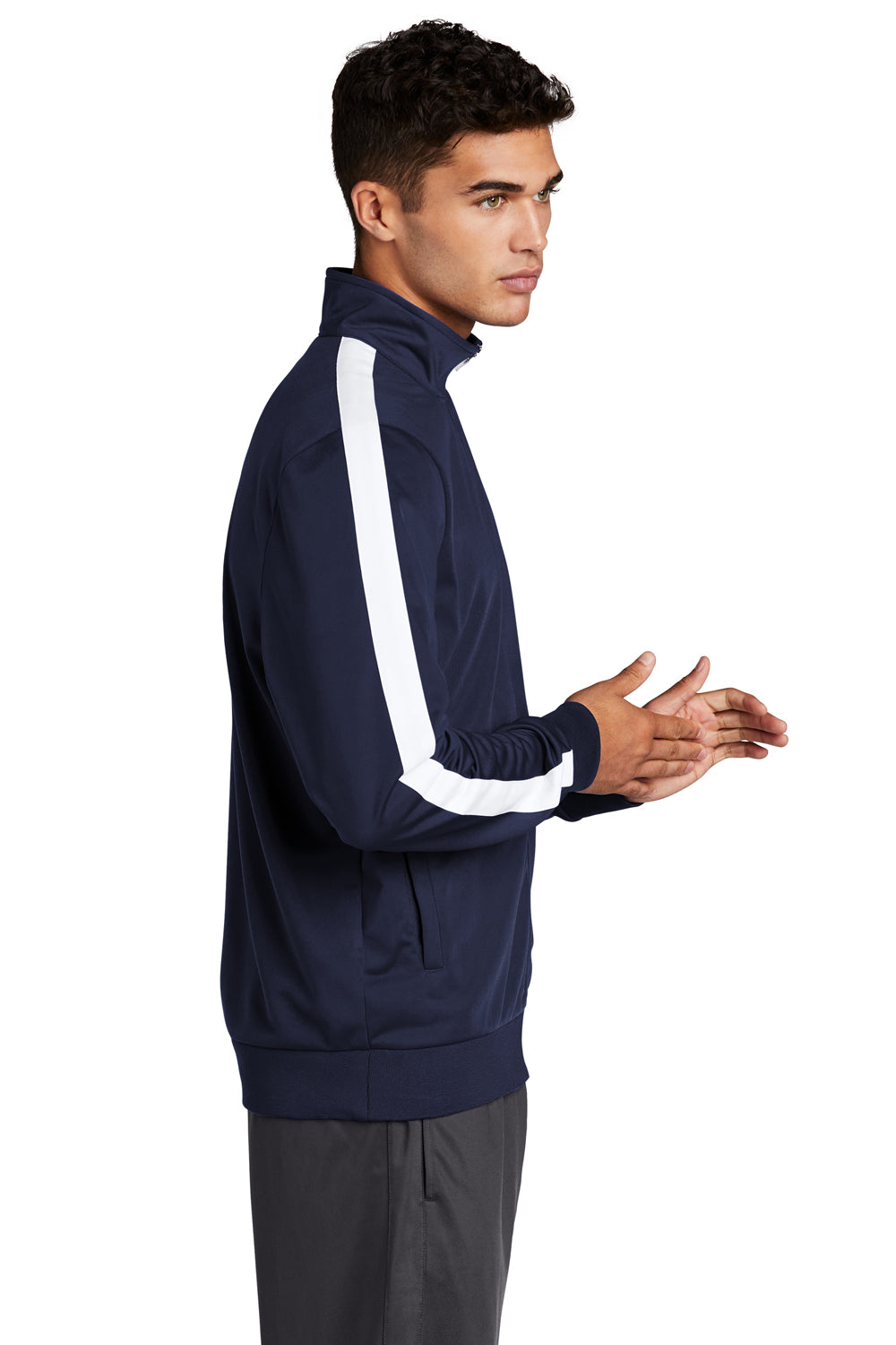 Sport-Tek JST94 Mens Full Zip Track Jacket True Navy Blue/White Model Side